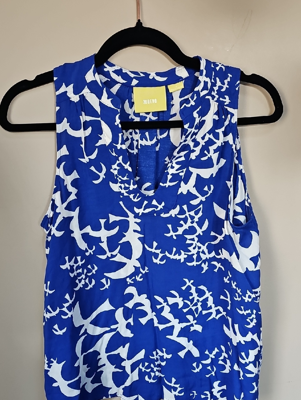 Maeve Royal Blue Sleeveless Top with White Bird Print Runs Large